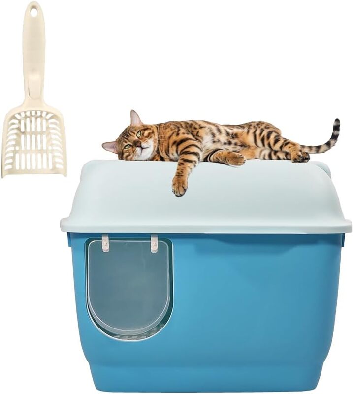 Large cat toilet with long aisle corridor style cats litter box, Fully enclosed durable cat toilet with litter scoop, Anti-Splashing, Odorless and open cover (Blue) 57 cm L